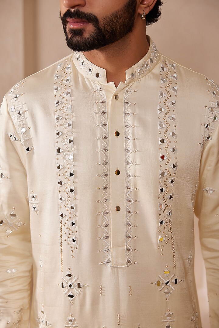 Milky White Padma Silk Mirror Embroidered Kurta Set by Shreyansh Designs at Pernia's Pop Up Shop