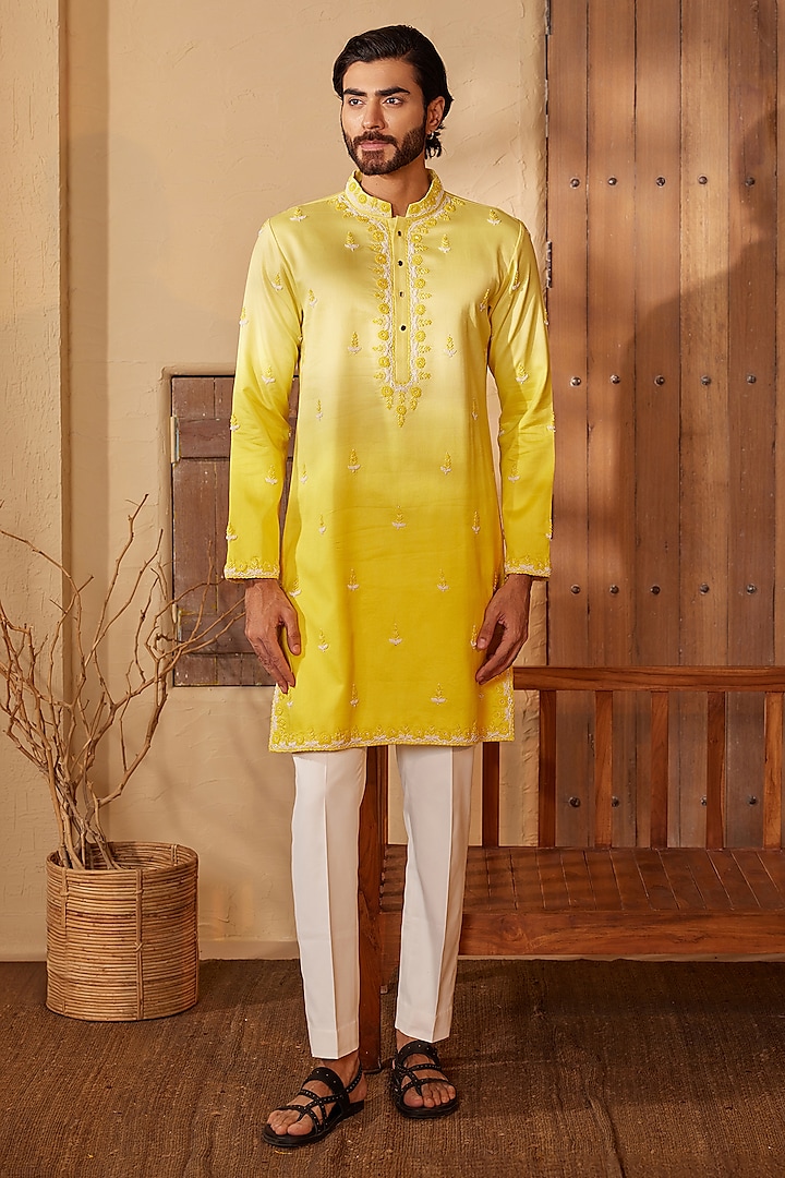 Yellow Ombre Chanderi Silk Hand Embroidered Kurta Set by Shreyansh Designs