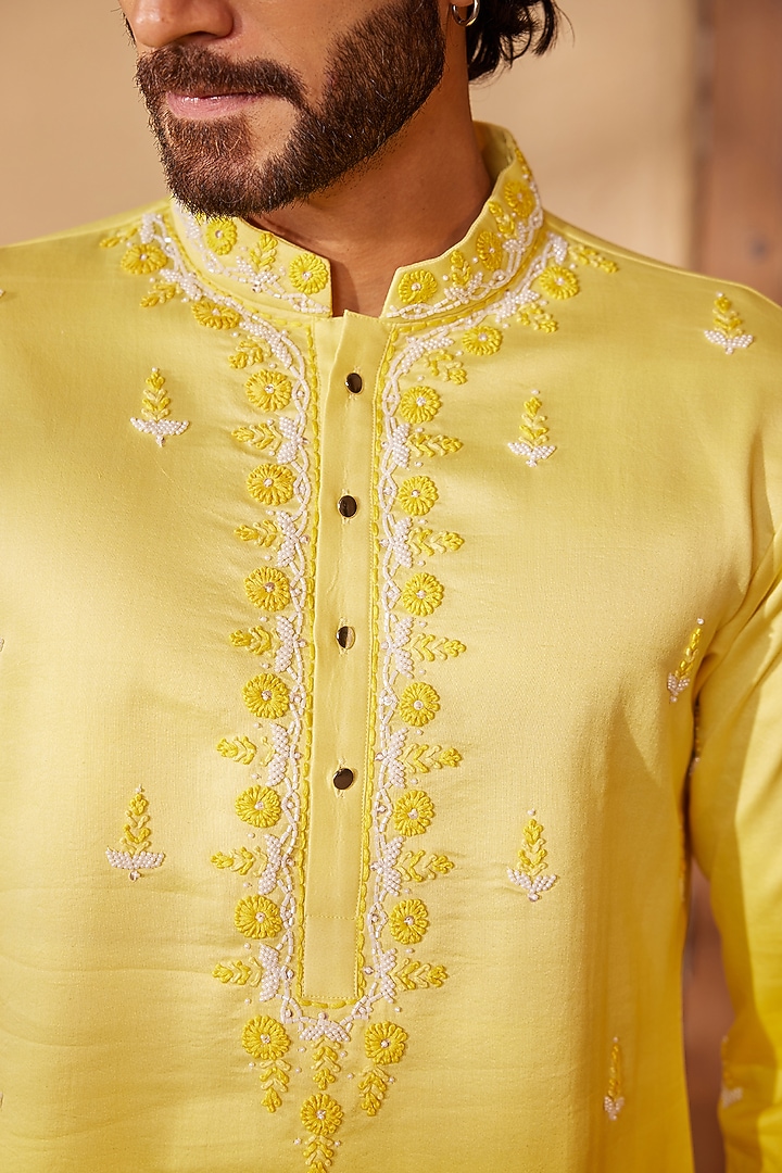 Yellow Ombre Chanderi Silk Hand Embroidered Kurta Set by Shreyansh Designs at Pernia's Pop Up Shop