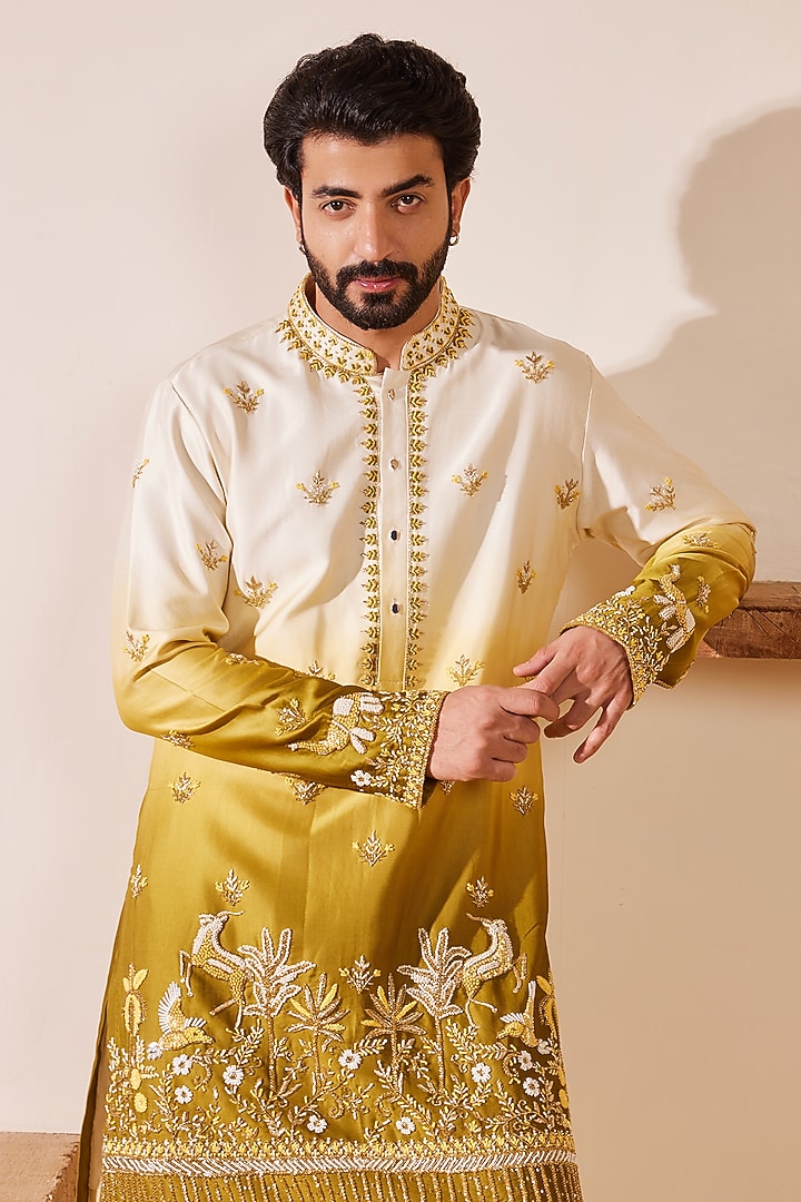 Mehendi Green Ombre Padma Silk Thread Embroidered Kurta Set by Shreyansh Designs at Pernia's Pop Up Shop