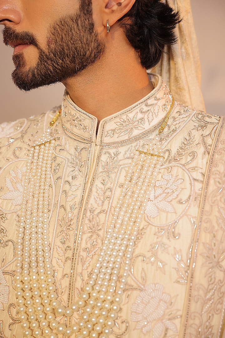 Ivory Dupion Silk Pearl Embroidered Groom Sherwani Set by Shreyansh Designs at Pernia's Pop Up Shop