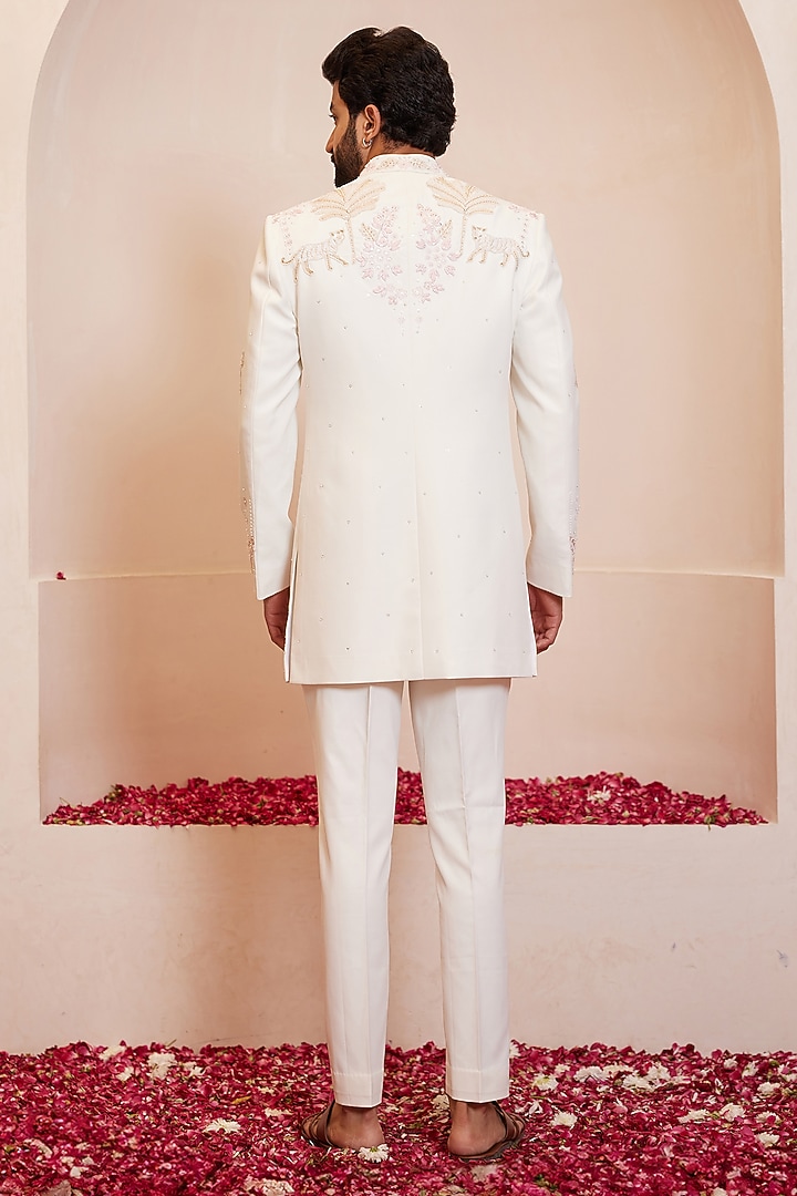 Ivory Italian Terry Rayon Motif Embroidered Indo-Western Set by Shreyansh Designs at Pernia's Pop Up Shop
