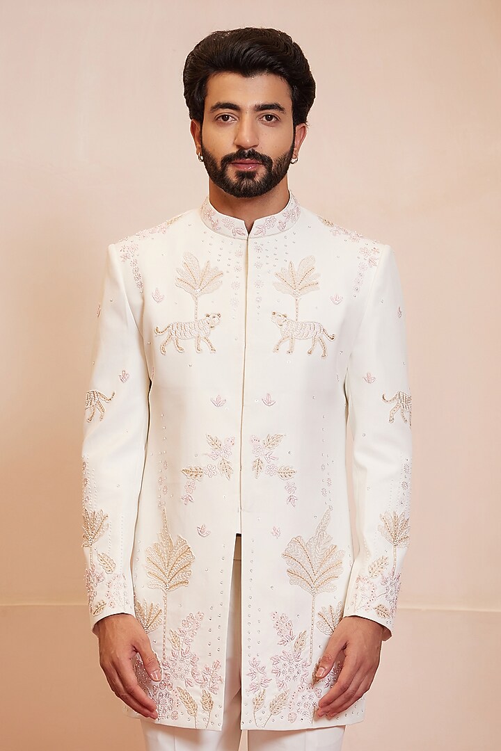 Ivory Italian Terry Rayon Motif Embroidered Indo-Western Set by Shreyansh Designs at Pernia's Pop Up Shop