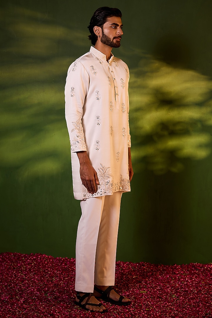 Milky White Swiss Silk Hand Embroidered Kurta Set by Shreyansh Designs at Pernia's Pop Up Shop