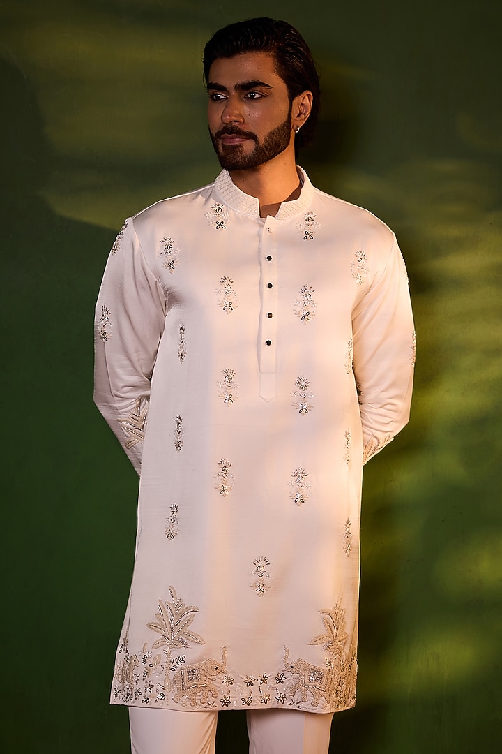 Milky White Swiss Silk Hand Embroidered Kurta Set by Shreyansh Designs at Pernia's Pop Up Shop