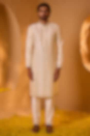 Milky White Dupion Silk Hand Embroidered Kurta Set by Shreyansh Designs at Pernia's Pop Up Shop