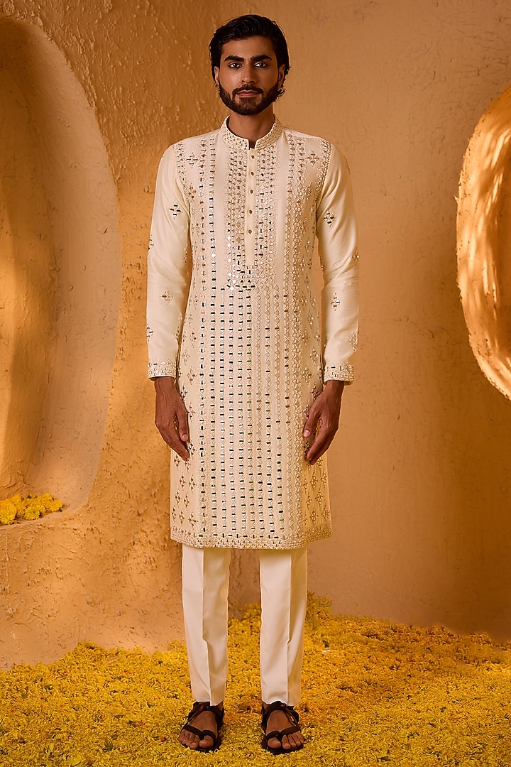 Milky White Dupion Silk Hand Embroidered Kurta Set by Shreyansh Designs at Pernia's Pop Up Shop
