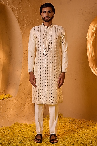 Milky White Dupion Silk Hand Embroidered Kurta Set by Shreyansh Designs