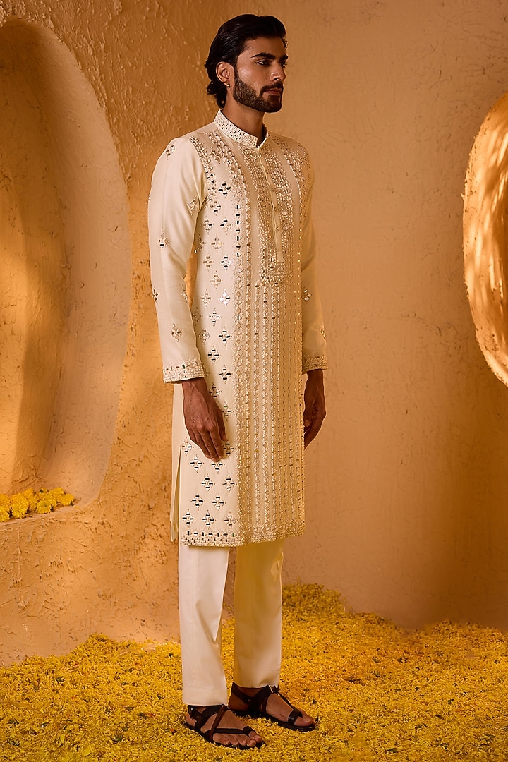 Milky White Dupion Silk Hand Embroidered Kurta Set by Shreyansh Designs at Pernia's Pop Up Shop