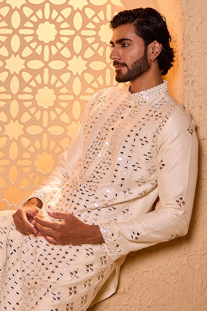 Milky White Dupion Silk Hand Embroidered Kurta Set by Shreyansh Designs at Pernia's Pop Up Shop