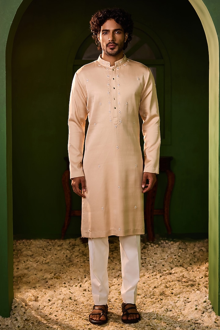 Rose Gold Swiss Silk Kurta Set by Shreyansh Designs at Pernia's Pop Up Shop