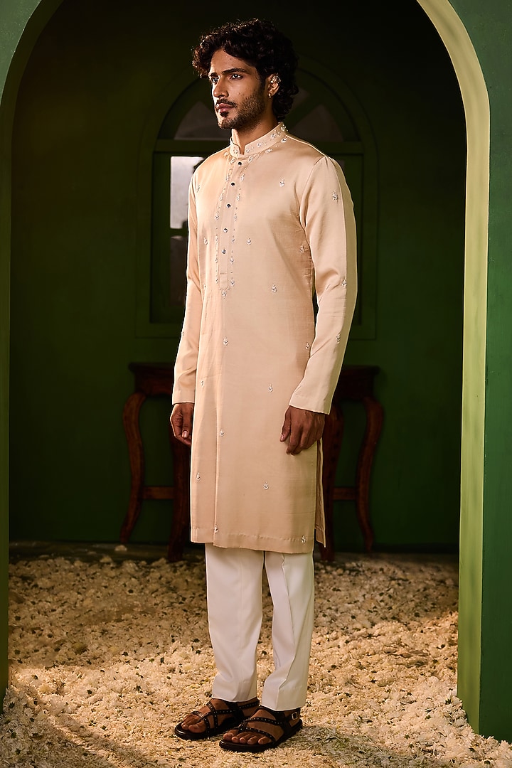 Rose Gold Swiss Silk Kurta Set by Shreyansh Designs at Pernia's Pop Up Shop