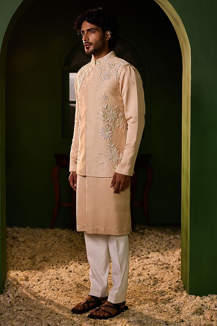 Rose Gold Dupion Silk Hand Embroidered Bundi Jacket Set by Shreyansh Designs at Pernia's Pop Up Shop