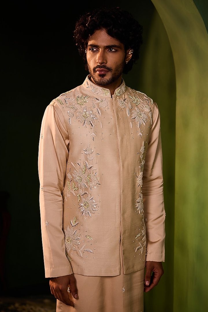 Rose Gold Dupion Silk Hand Embroidered Bundi Jacket Set by Shreyansh Designs at Pernia's Pop Up Shop