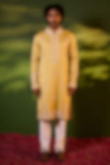 Gold Swiss Silk Hand Embroidered Kurta Set by Shreyansh Designs at Pernia's Pop Up Shop