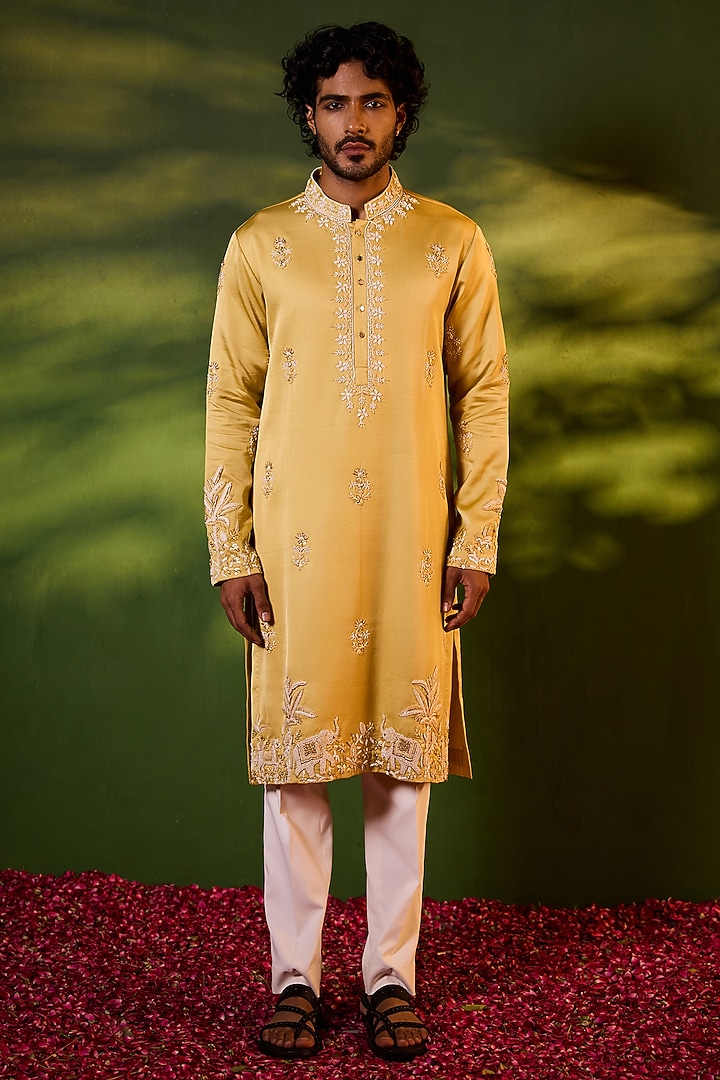 Gold Swiss Silk Hand Embroidered Kurta Set by Shreyansh Designs at Pernia's Pop Up Shop