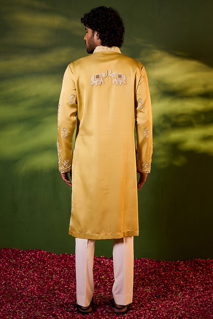 Gold Swiss Silk Hand Embroidered Kurta Set by Shreyansh Designs at Pernia's Pop Up Shop