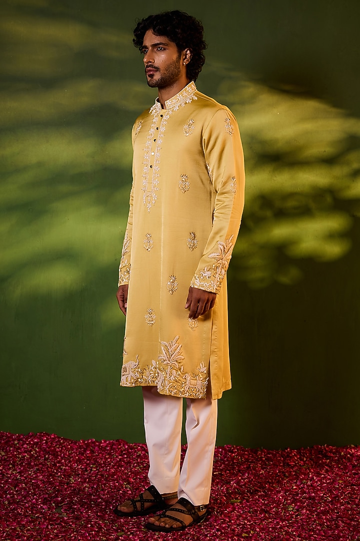 Gold Swiss Silk Hand Embroidered Kurta Set by Shreyansh Designs at Pernia's Pop Up Shop