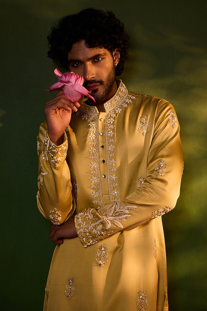 Gold Swiss Silk Hand Embroidered Kurta Set by Shreyansh Designs at Pernia's Pop Up Shop