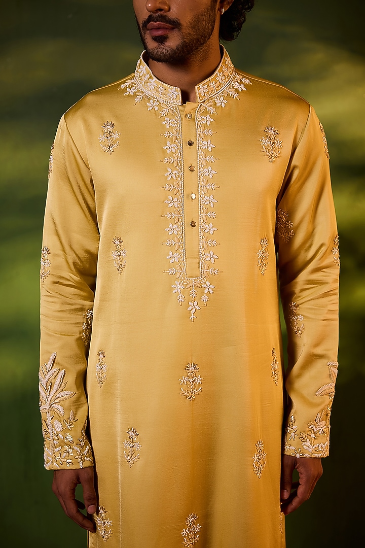 Gold Swiss Silk Hand Embroidered Kurta Set by Shreyansh Designs at Pernia's Pop Up Shop