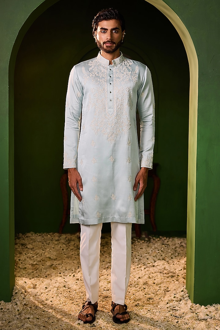 Serene Powder Blue Swiss Silk Hand Embroidered Kurta Set by Shreyansh Designs at Pernia's Pop Up Shop