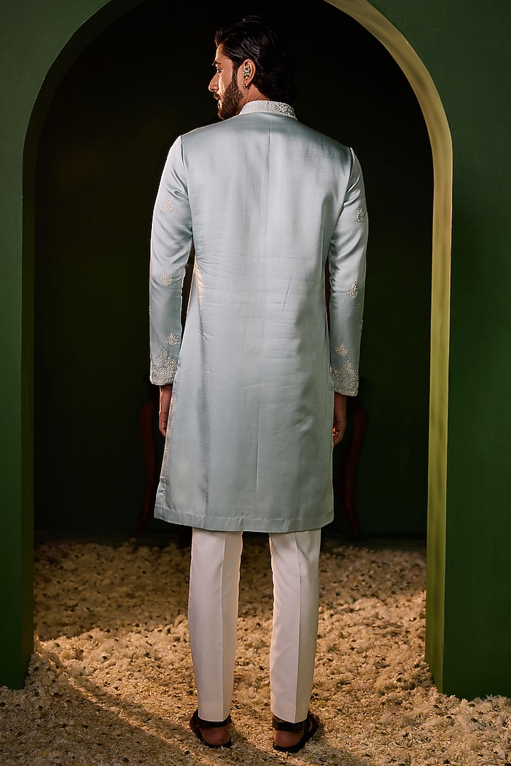 Serene Powder Blue Swiss Silk Hand Embroidered Kurta Set by Shreyansh Designs at Pernia's Pop Up Shop