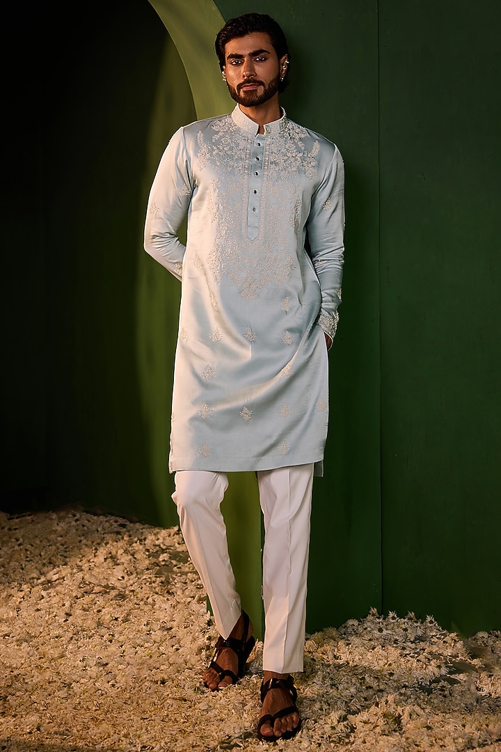 Serene Powder Blue Swiss Silk Hand Embroidered Kurta Set by Shreyansh Designs at Pernia's Pop Up Shop