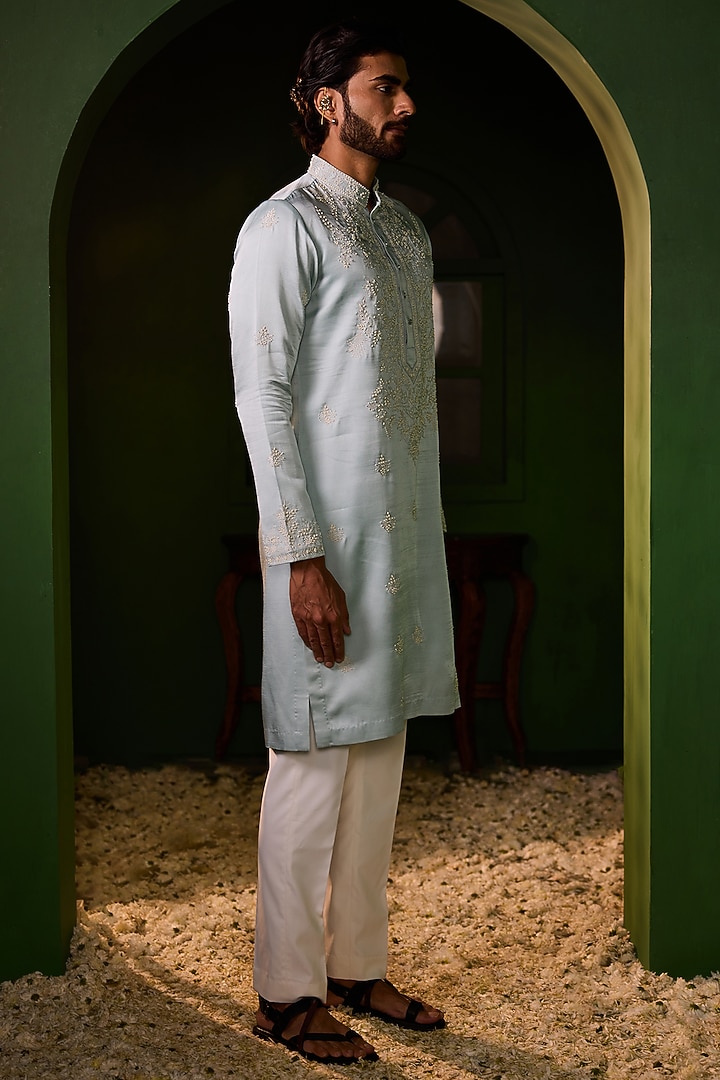 Serene Powder Blue Swiss Silk Hand Embroidered Kurta Set by Shreyansh Designs at Pernia's Pop Up Shop