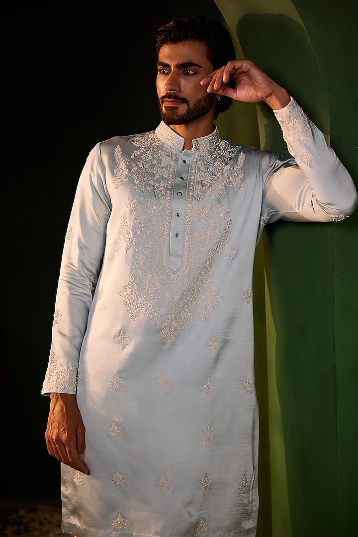 Serene Powder Blue Swiss Silk Hand Embroidered Kurta Set by Shreyansh Designs at Pernia's Pop Up Shop