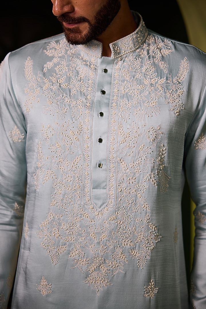 Serene Powder Blue Swiss Silk Hand Embroidered Kurta Set by Shreyansh Designs at Pernia's Pop Up Shop