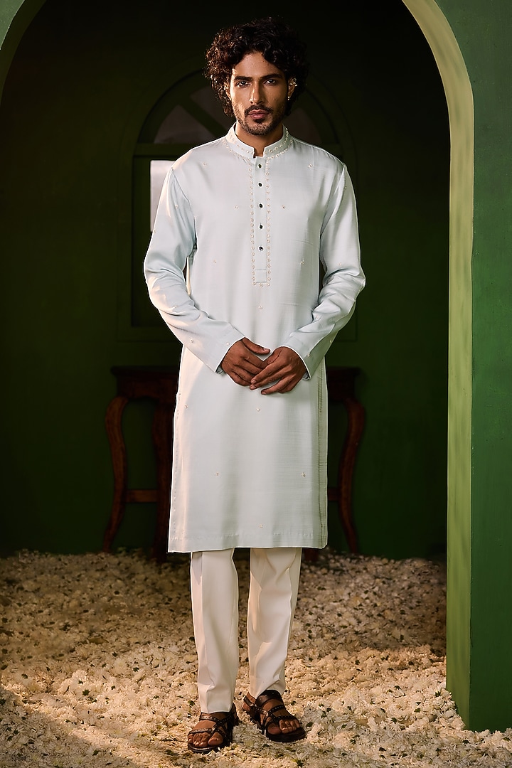 Serene Powder Blue Swiss Silk Hand Embroidered Kurta Set by Shreyansh Designs at Pernia's Pop Up Shop
