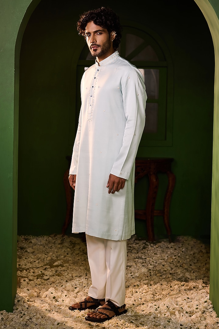 Serene Powder Blue Swiss Silk Hand Embroidered Kurta Set by Shreyansh Designs at Pernia's Pop Up Shop