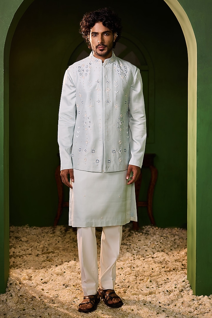 Powder Blue Dupion Silk Thread Work Waistcoat Set by Shreyansh Designs at Pernia's Pop Up Shop