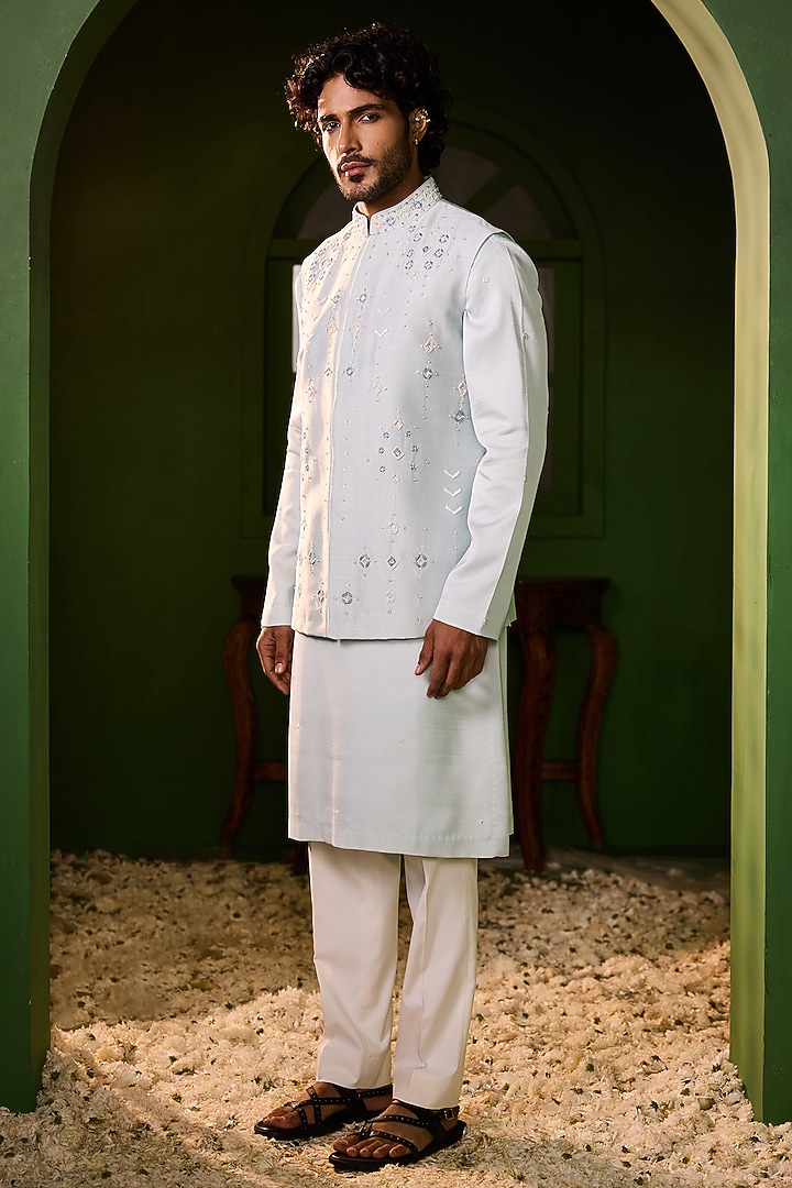 Powder Blue Dupion Silk Thread Work Waistcoat Set by Shreyansh Designs at Pernia's Pop Up Shop
