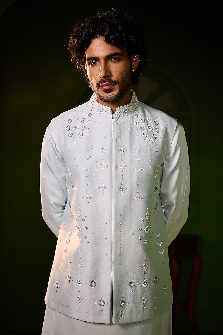 Powder Blue Dupion Silk Thread Work Waistcoat Set by Shreyansh Designs at Pernia's Pop Up Shop