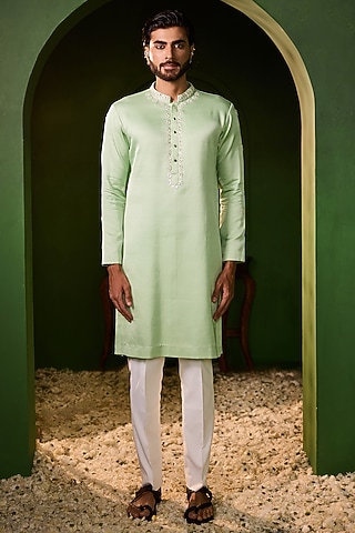 Pastel Green Swiss Silk Hand Embroidered Kurta Set by Shreyansh Designs