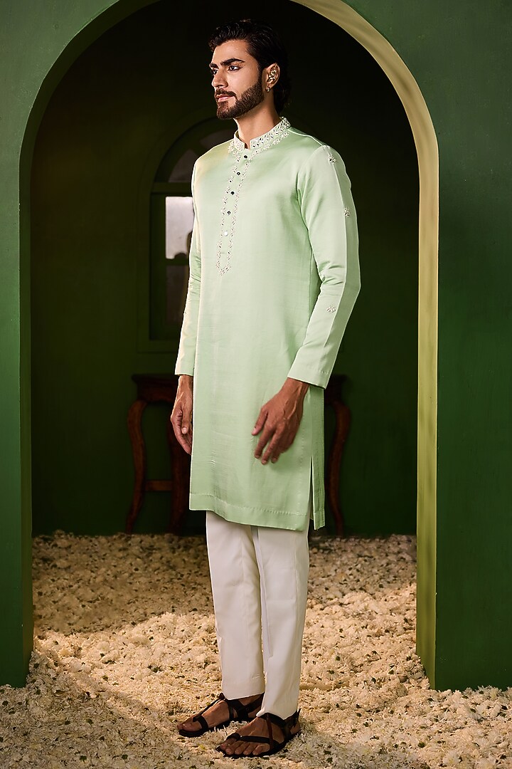 Pastel Green Swiss Silk Hand Embroidered Kurta Set by Shreyansh Designs at Pernia's Pop Up Shop
