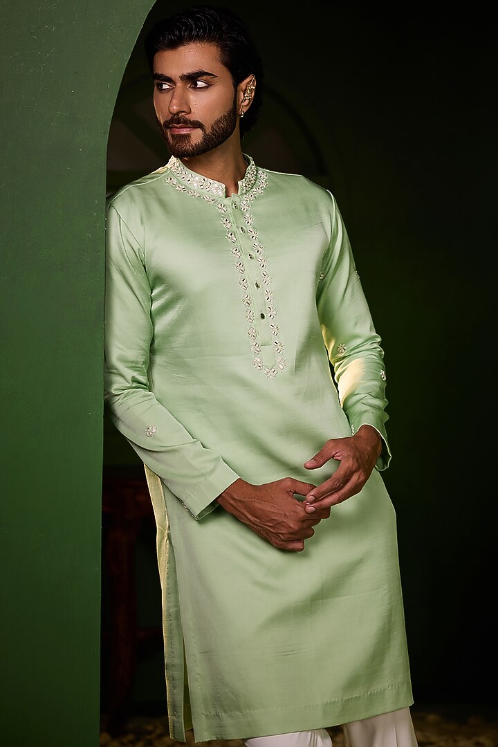 Pastel Green Swiss Silk Hand Embroidered Kurta Set by Shreyansh Designs at Pernia's Pop Up Shop