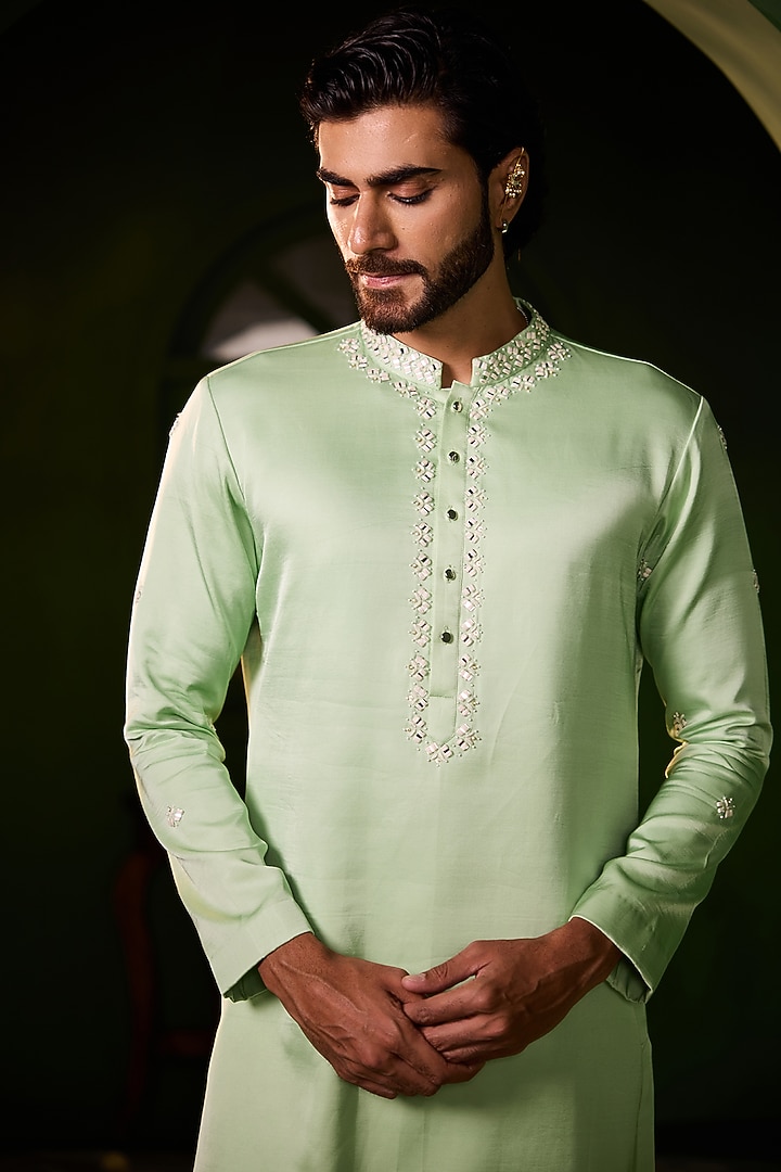 Pastel Green Swiss Silk Hand Embroidered Kurta Set by Shreyansh Designs at Pernia's Pop Up Shop