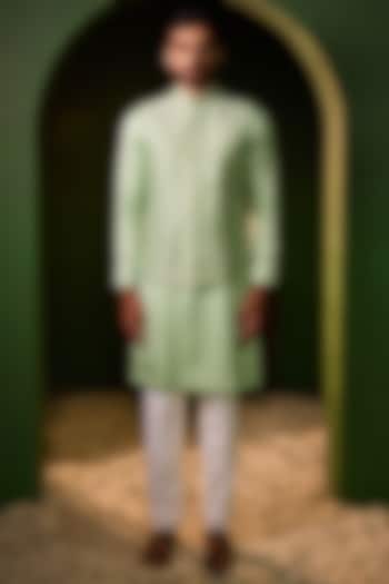 Pastel Green Dupion Silk Mirror Work Waistcoat Set by Shreyansh Designs at Pernia's Pop Up Shop