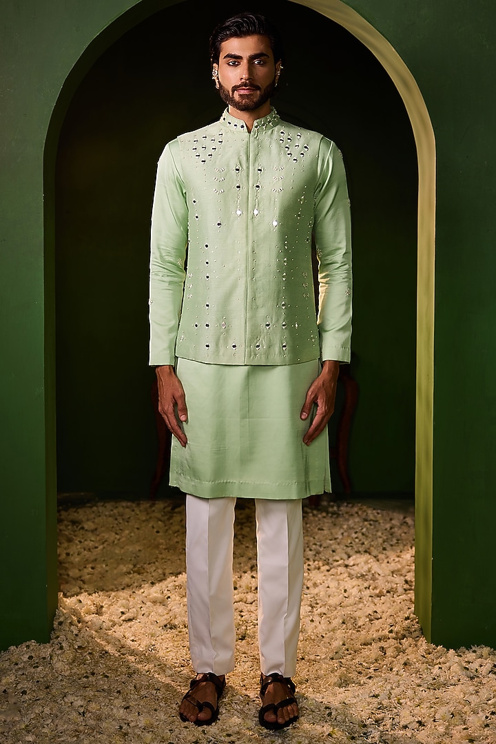 Pastel Green Dupion Silk Mirror Work Waistcoat Set by Shreyansh Designs at Pernia's Pop Up Shop