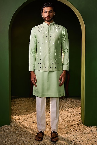 Pastel Green Dupion Silk Mirror Work Waistcoat Set by Shreyansh Designs