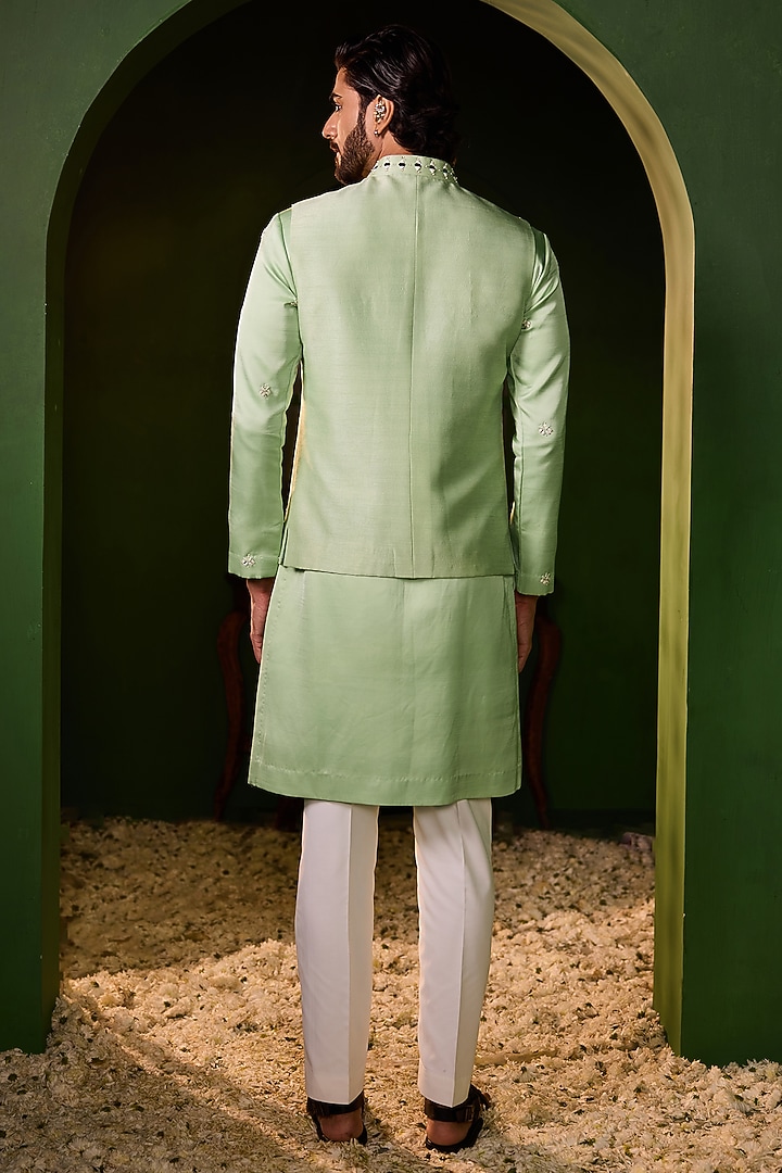 Pastel Green Dupion Silk Mirror Work Waistcoat Set by Shreyansh Designs at Pernia's Pop Up Shop