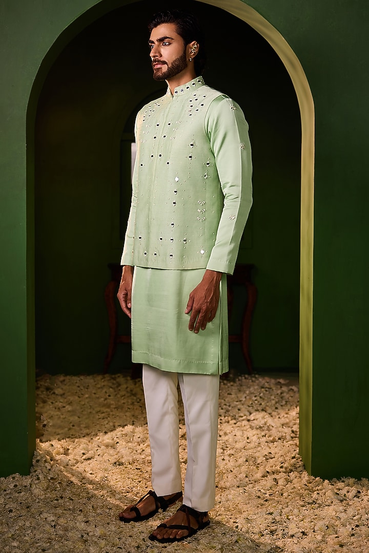 Pastel Green Dupion Silk Mirror Work Waistcoat Set by Shreyansh Designs at Pernia's Pop Up Shop