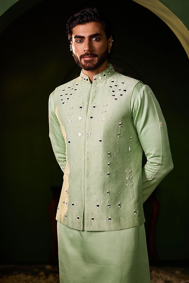 Pastel Green Dupion Silk Mirror Work Waistcoat Set by Shreyansh Designs at Pernia's Pop Up Shop