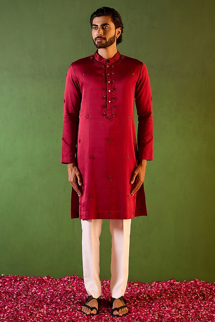 Red-Wine Swiss Silk Floral Boota Work Kurta Set by Shreyansh Designs at Pernia's Pop Up Shop
