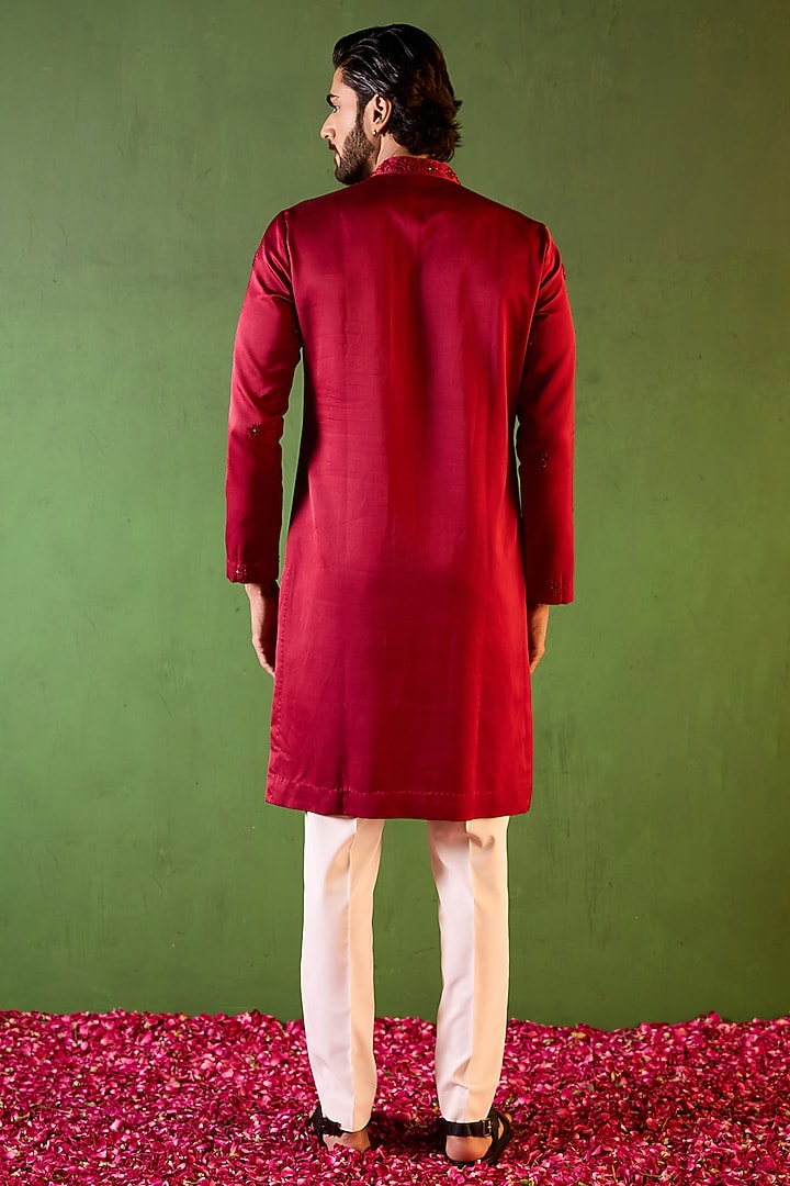 Red-Wine Swiss Silk Floral Boota Work Kurta Set by Shreyansh Designs at Pernia's Pop Up Shop