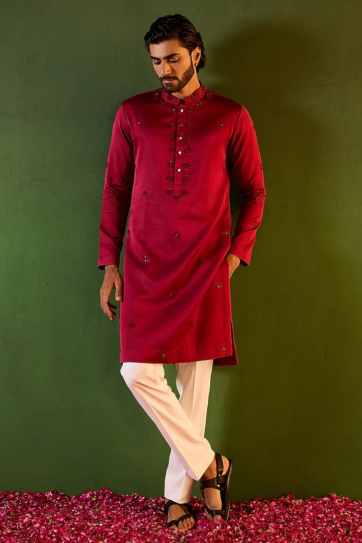 Red-Wine Swiss Silk Floral Boota Work Kurta Set by Shreyansh Designs at Pernia's Pop Up Shop