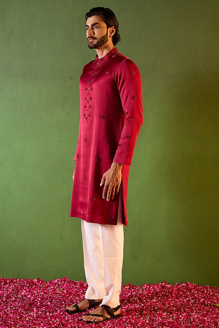 Red-Wine Swiss Silk Floral Boota Work Kurta Set by Shreyansh Designs at Pernia's Pop Up Shop