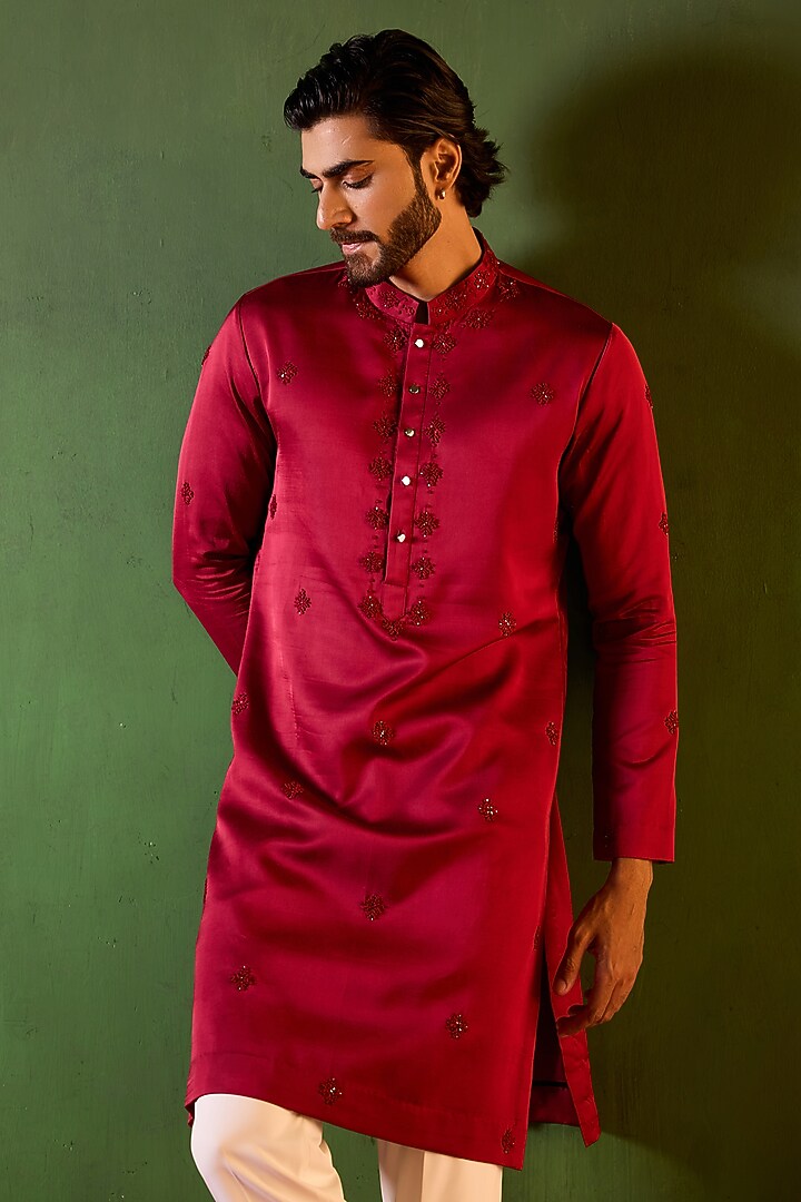 Red-Wine Swiss Silk Floral Boota Work Kurta Set by Shreyansh Designs at Pernia's Pop Up Shop